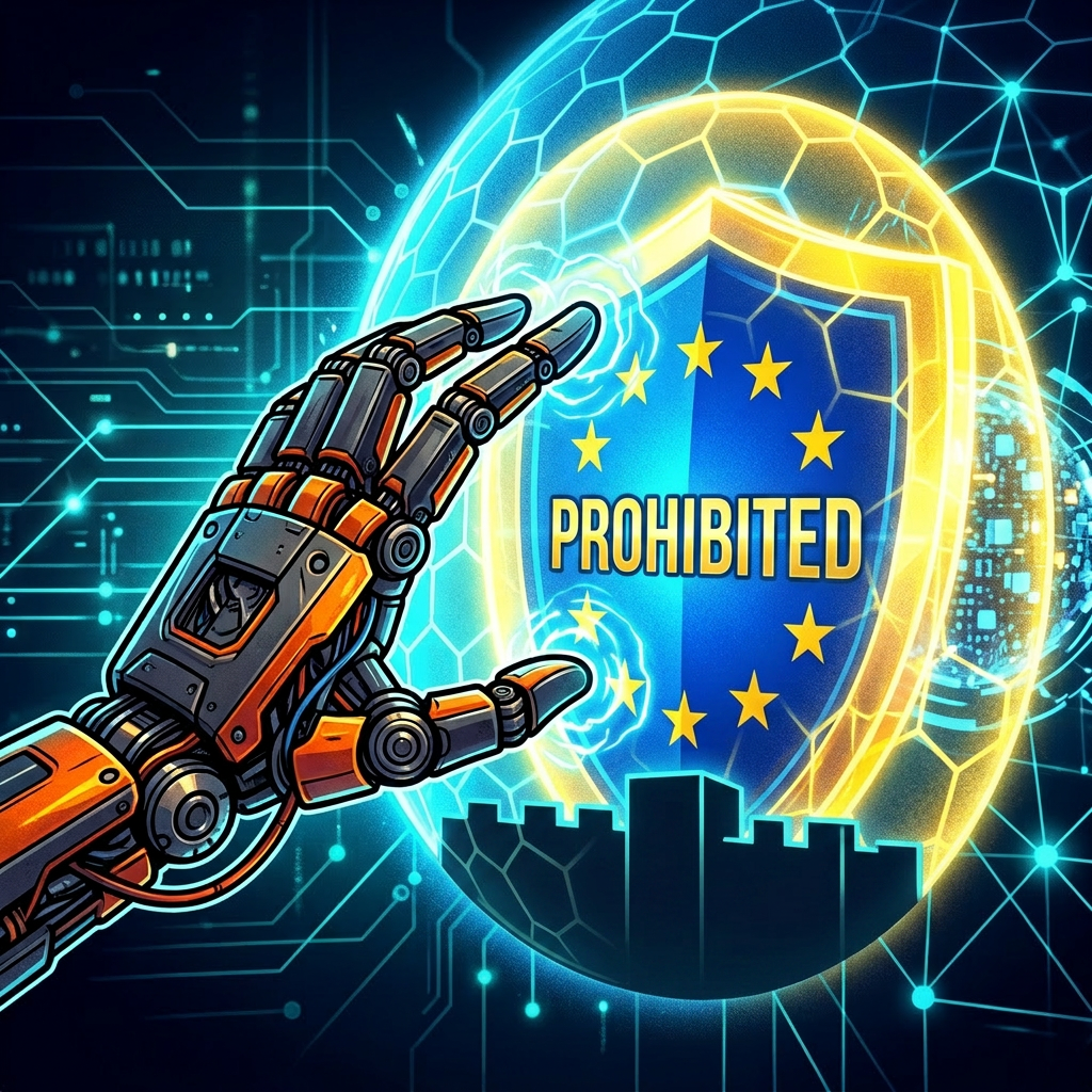 Robotic hand touching glowing shield with European Union stars symbolizing cybersecurity