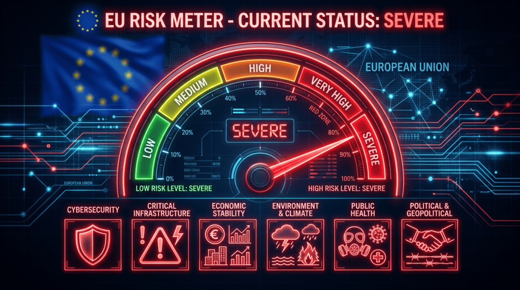 EU risk meter gauge indicating severe risk status with icons for cybersecurity, infrastructure, economy, environment, health, and geopolitics