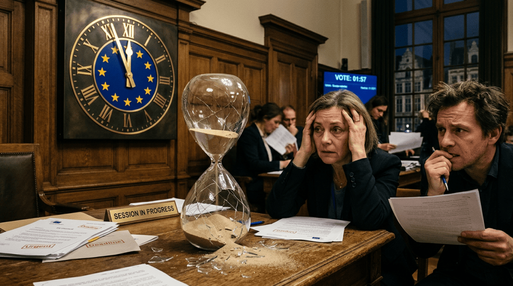 Two stressed officials with urgent EU documents beside a shattered hourglass showing time running out