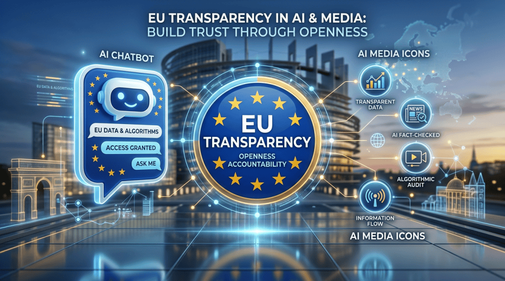 EU transparency in AI and media with chatbot and media icons illustrating openness and accountability