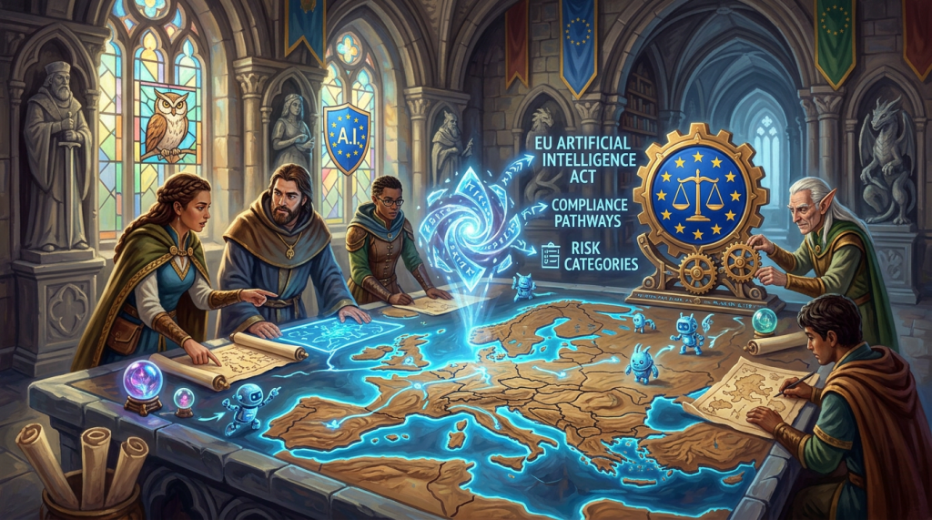 Medieval fantasy figures gathered around a glowing map of Europe discussing AI regulation