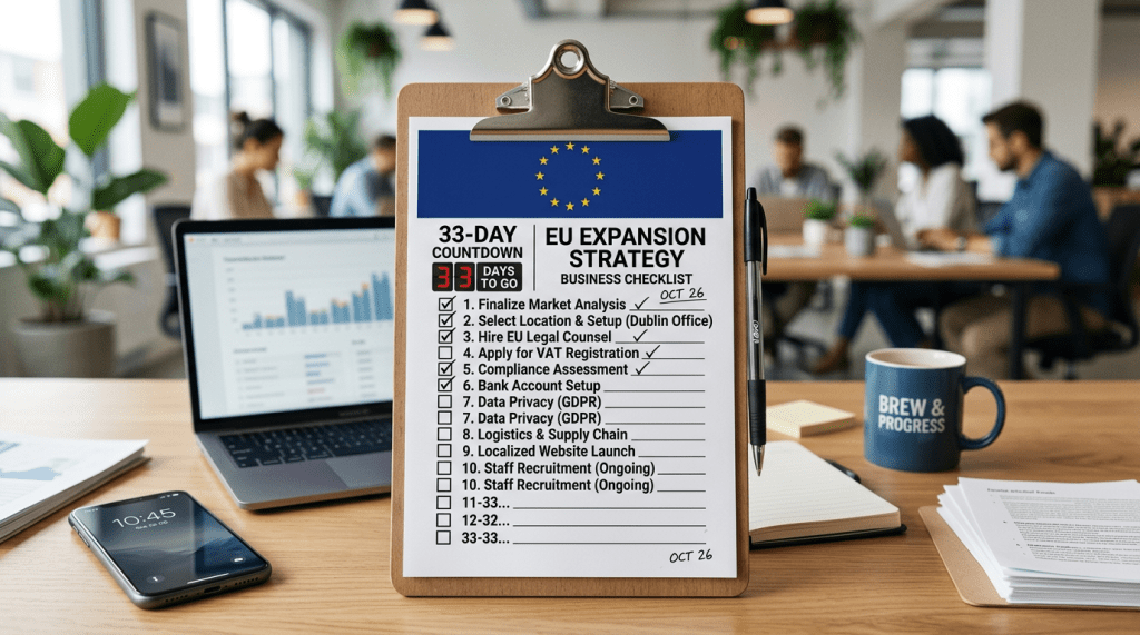 Clipboard with EU expansion strategy checklist showing tasks and progress for business planning