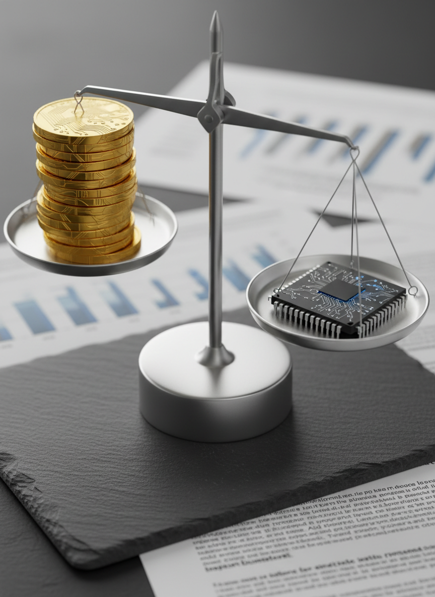 A close-up of a smooth, brushed-steel balance scale where one polished tray holds stacked, gleaming gold coins engraved with subtle circuit patterns, and the opposite tray holds a sleek black AI processor chip with microscopic etched details and a tiny glowing edge. The scale stands on a dark slate surface with fine texture, surrounded by softly out-of-focus financial documents printed with charts and regulatory text. Soft studio lighting from the left creates controlled highlights on the metal and delicate shadows that emphasize form and weight. Photographic realism, shot from a slightly low angle to make the objects feel monumental. Composition follows the rule of thirds, with a shallow depth of field isolating the scale. The mood is thoughtful and precise, representing the tension between traditional finance and machine intelligence.