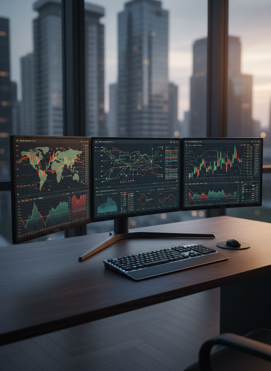 A pristine, matte-black trading workstation with three ultra-wide monitors forming a seamless arc, each screen filled with elegant, data-dense AI-driven financial visualizations: heatmaps, anomaly flags, and algorithmic trade flows. A brushed aluminum keyboard and a single minimalist trackpad sit precisely aligned on a dark walnut desk with a subtle grain texture. Behind the setup, a floor-to-ceiling window reveals a softly blurred city skyline of financial district towers at dusk. Cool, indirect ambient light from the monitors casts faint blue highlights on the desk surface, while the sunset outside adds a gentle warm rim light. Photographic realism with a slightly elevated, three-quarter view, sharp focus on the screens, and a tasteful bokeh background. The mood is analytical, high-tech, and quietly intense, conveying an environment where AI continuously interprets complex markets.