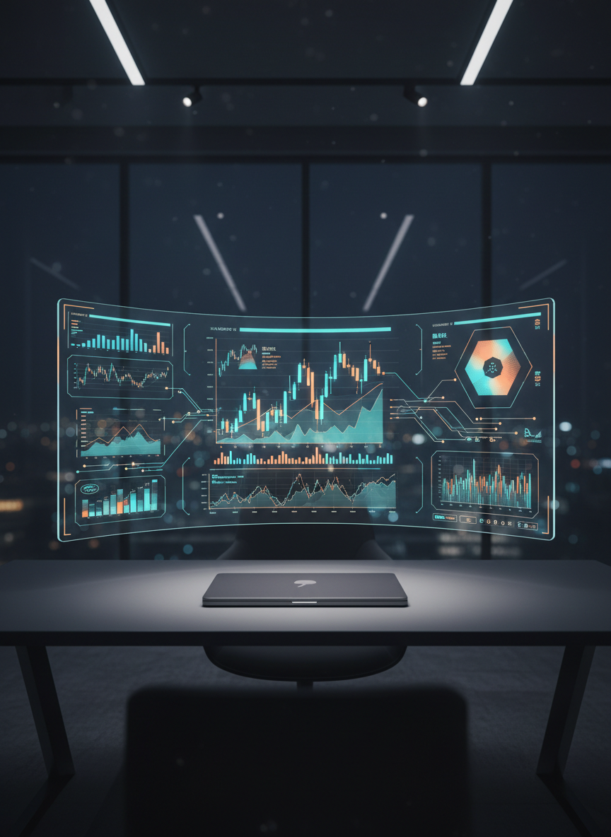 A large, curved transparent holographic interface hovering above a matte charcoal desk, projecting three-dimensional candlestick charts, risk heatmaps, and flowing lines that represent AI decision paths in vivid cyan and amber tones. Beneath the hologram rests a minimalist, closed laptop with a brushed graphite finish, its logo barely visible. The surrounding space is a dim, ultra-modern office with clean architectural lines and a faint view of abstracted city lights through a glass wall. Focused, directional overhead lighting softly illuminates the desk surface while the holographic elements provide additional glow, casting subtle reflections on the desk. Photographic realism with a cinematic, slightly low-angle perspective and sharp focus on the floating data. The atmosphere is futuristic yet orderly, conveying sophisticated, algorithm-driven finance operating at the edge of current technology.