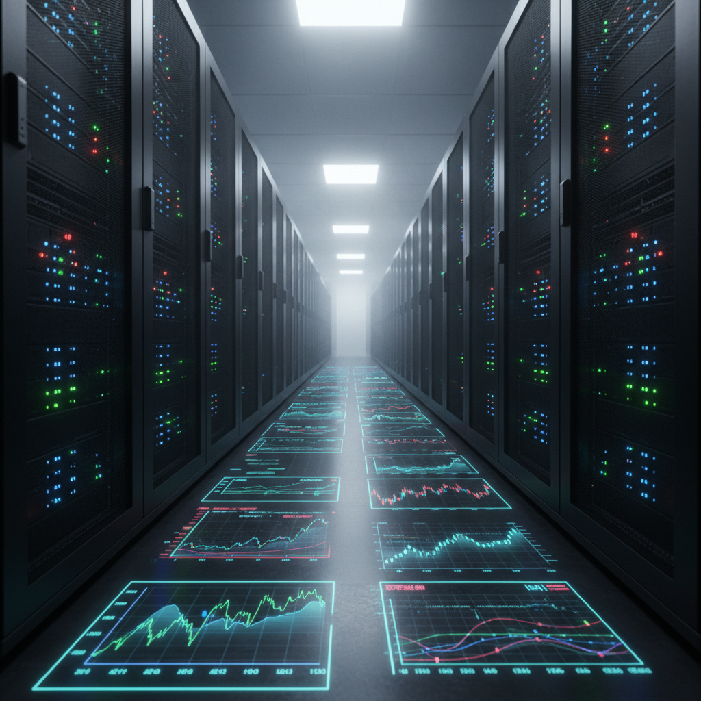 A deep, cinematic shot down a narrow corridor of tall, matte-black server towers, each side lined with orderly blinking indicator lights that gradually recede into the distance. On the polished floor between the racks, a transparent digital overlay appears as if projected on the surface: dynamic value-at-risk charts, stress test results, and anomaly alerts in crisp neon lines. Subtle fog in the far background catches shafts of cool white overhead light, enhancing depth and perspective. The scene is captured with photographic realism, using a low-angle, central composition that pulls the eye toward a bright vanishing point. Reflections of the digital overlays shimmer faintly on the server doors. The atmosphere is tense, analytical, and slightly mysterious, evoking the hidden infrastructure where algorithmic risk engines run at full speed.