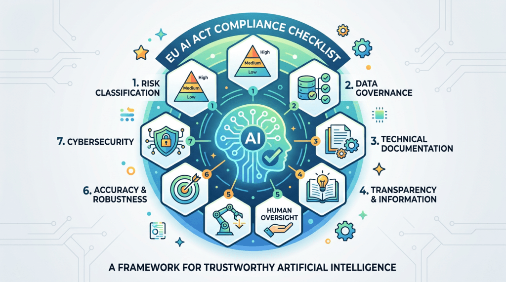 EU AI Act compliance checklist showing seven steps around AI head illustration