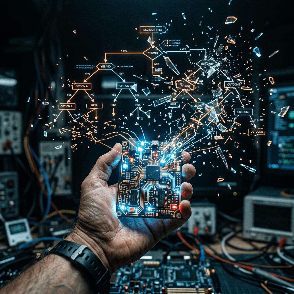 Hand holding a circuit board with a glowing decision tree flowchart and shattered glass effect
