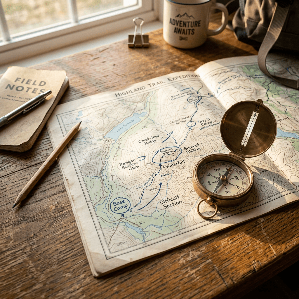 Topographic trail map labeled Highland Trail Expedition with compass, pencil, and field notes on wooden table