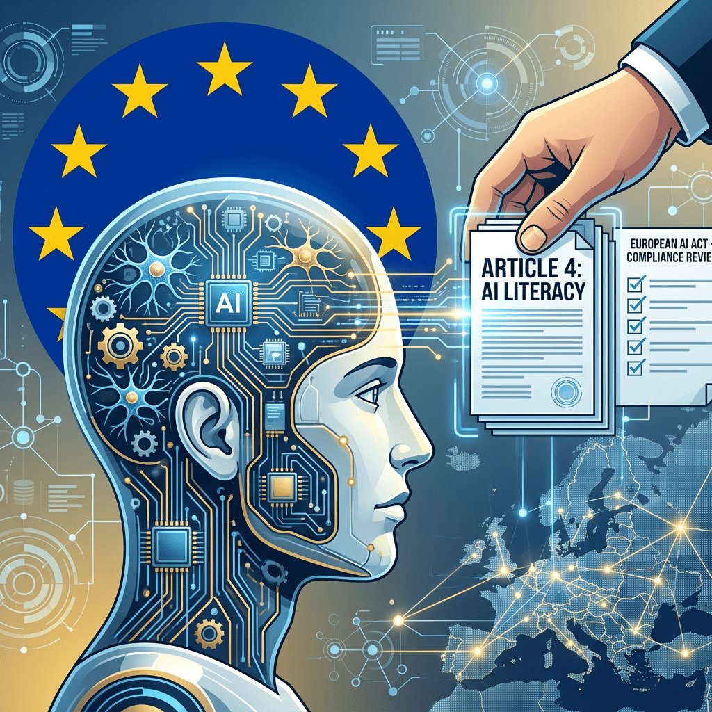 Profile of a robot connected to circuit boards with EU stars behind and documents about AI literacy and EU AI compliance
