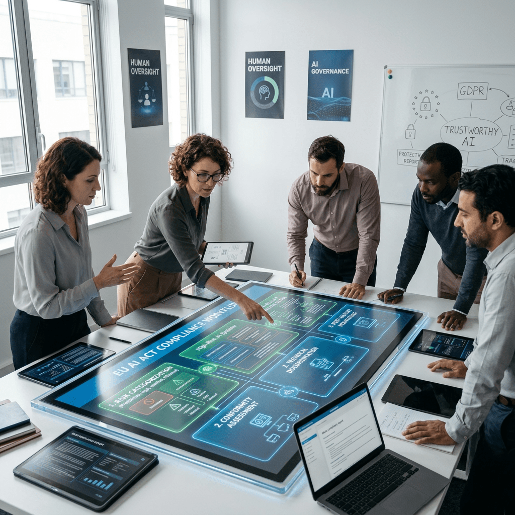 Five professionals discussing EU AI Act compliance workflow on an interactive digital table.