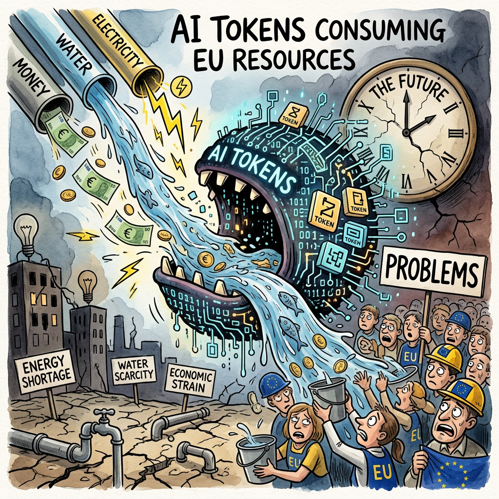 AI tokens consuming EU money, water, and electricity causing shortages and economic strain