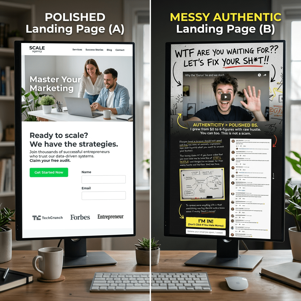 Side-by-side comparison of a clean polished marketing landing page and a messy authentic landing page with handwritten style text and video